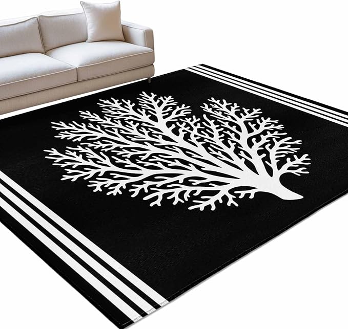 Area Rug 4x6ft, Coastal Coral Reef Texture Washable Rugs for Living Room Bedroom, Ocean Theme Black White Soft Non-Slip Area Rugs Rectangle Floor Carpet for Dining Room