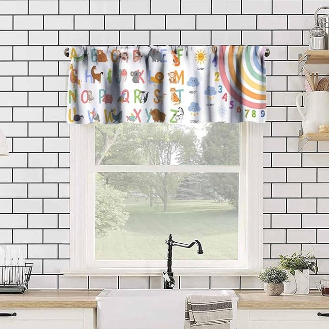 ABC Alphabet Valance Curtain, Cartoon Animals Learning Education Letters Weather Rainbow Short Window Treatment for Kitchen Dining Kids Bedroom Nursery Classroom School Decor, 54x18Inch