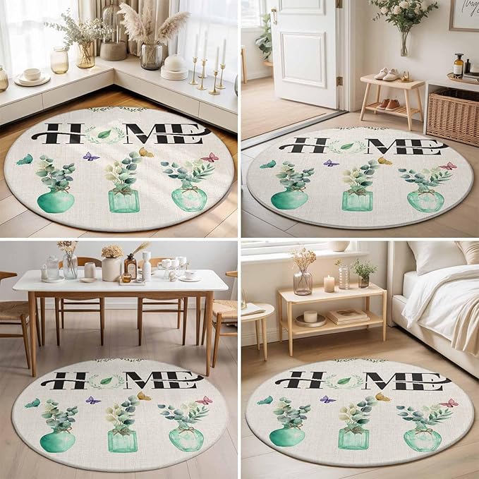 Washable Round Area Rug Rustic Home Text Eucalyptus Leaf Circle Rugs Floor Carpet for Living Room Bedroom, Farmhouse Butterfly Retro Linen Soft Non Slip Round Rug 3ft