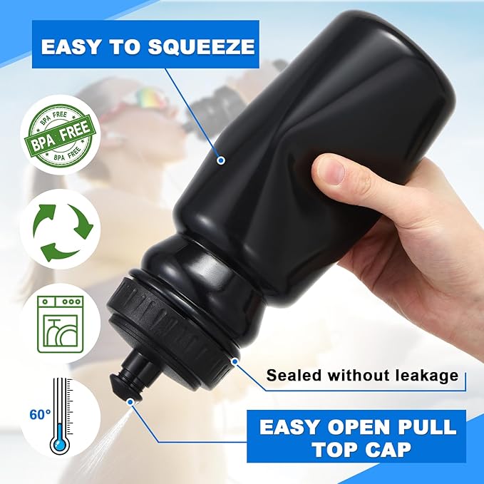 Suclain Water Bottle Carrier with 20 Oz Bottles and Stickers Plastic Wide Mouth Sports Water Bottle Squeeze Team Bottles with Black Lid for Fitness Bike Gym(14 Pcs,Black)