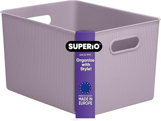 Superio Ribbed Collection - Decorative Plastic Basket Open Home Storage Bins Organizer, X-Large Lilac Purple (1 Pack) Container Boxes for Organizing Closet Storage Bins for Shelves 22 Liter/23 Quart