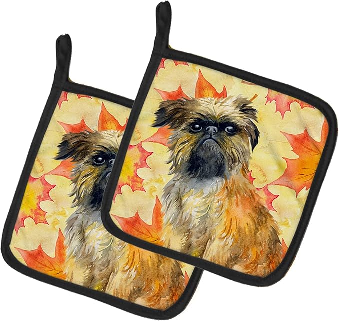Caroline's Treasures BB9948PTHD Brussels Griffon Fall Pair of Pot Holders, Yellow Kitchen Heat Resistant Pot Holders Sets Oven Hot Pads for Cooking Baking BBQ, 7 1/2 x 7 1/2
