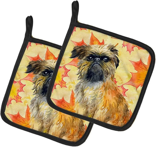 Caroline's Treasures BB9948PTHD Brussels Griffon Fall Pair of Pot Holders, Yellow Kitchen Heat Resistant Pot Holders Sets Oven Hot Pads for Cooking Baking BBQ, 7 1/2 x 7 1/2
