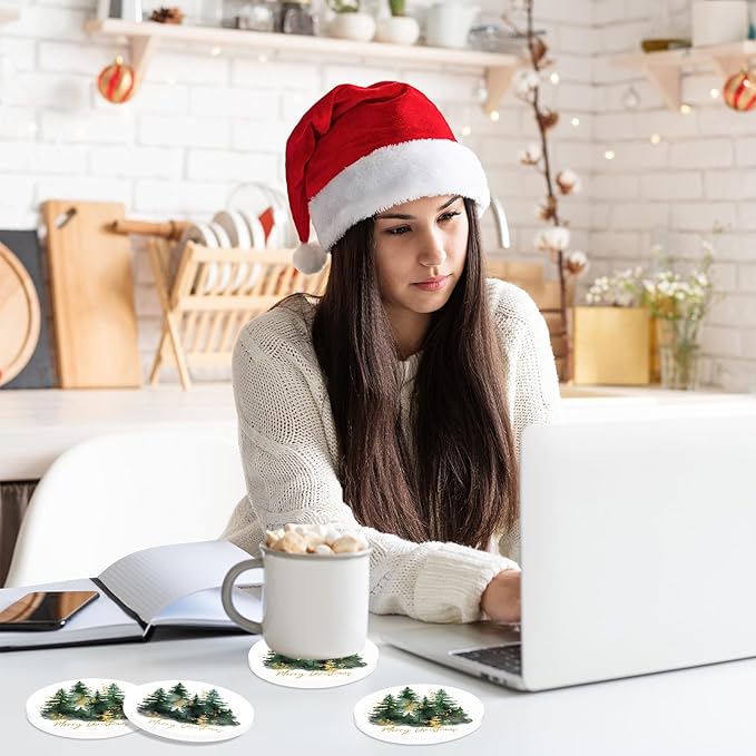 JarThenaAMCS 4Pcs Christmas Coasters Round Ceramic Drink Coaster Watercolor Xmas Pine Tree Cup Mat for Mugs Home Kitchen Farmhouse Table Protection