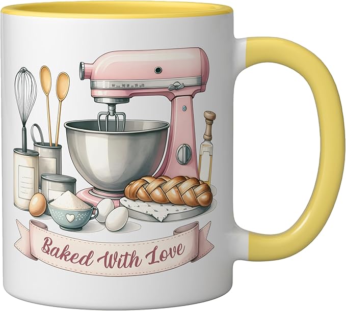 Baker Women Mom Wife Funny Baking Humor Bake Love Mama Girl Ceramic Mug, Yellow/White
