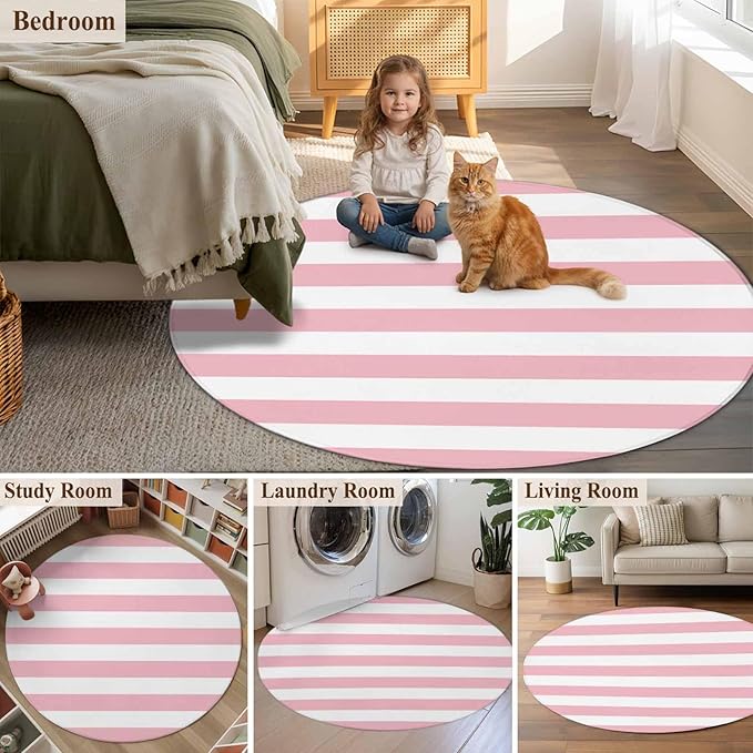 Washable Round Area Rug Pink White Stripe Circle Rugs Floor Carpet for Living Room Bedroom, Classic Geometric Line Soft Non Slip Round Rug 5ft