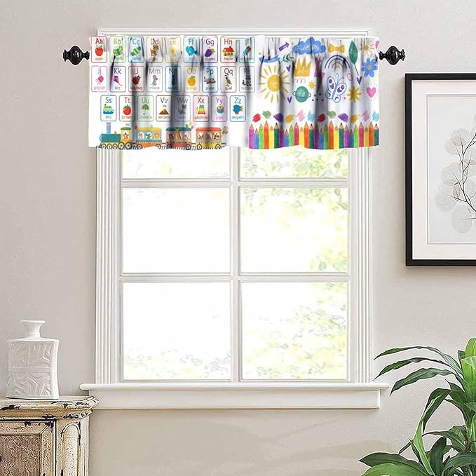 Kids ABC Alphabet Valance, Colorful Cartoon Style Educational Learning Letter Train Crayon Small Window Treatment for Kitchen Dining Room Bedroom Nursery Classroom, 54x18Inch