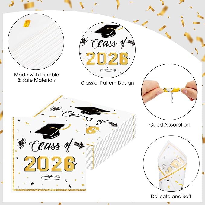 50 Pcs Graduation Napkins Decorations - White Gold Class of 2026 Congrats GRAD 3-Ply Paper Cocktail Dinner Napkins Set for 2026 Graduation Party Supplies Table Decor Favors, 6.5 x 6.5 Inch