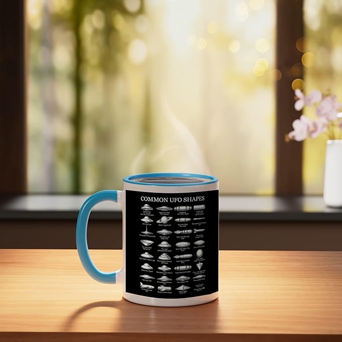 Common UFO Shapes Vintage Chart Alien Flying Saucer Ceramic Mug, Blue/White