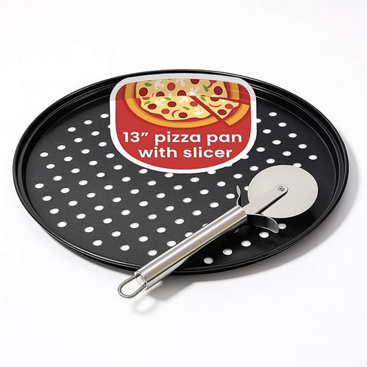 Restaurantware Met Lux 13" Pizza Pan with Pizza Cutter Bundle - Stainless Steel Commercial Pizza Wheel with Finger Guard and Aluminum Pizza Disk Tray - Professional Pizza Making Set