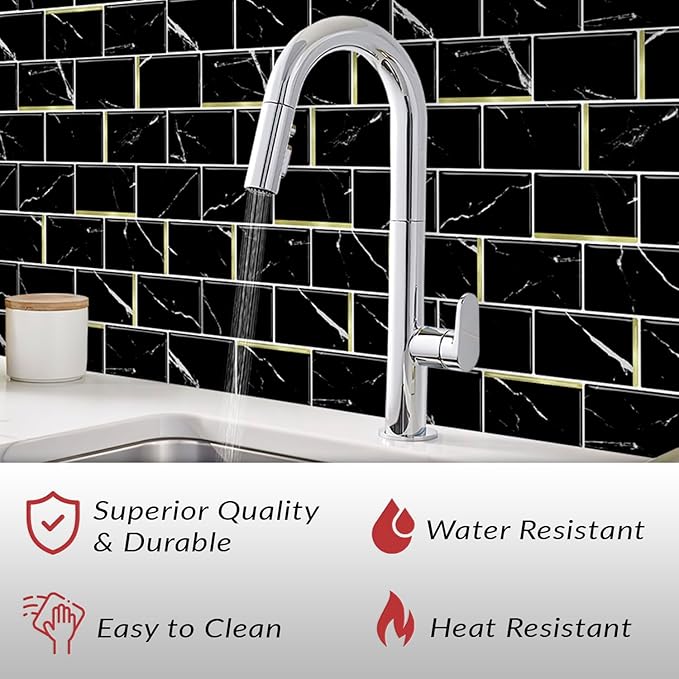DÉCOR WOW Peel & Stick Backsplash for Kitchen & Bathroom Black Marble Subway with Gold, 1 sq ft (8-Pack)