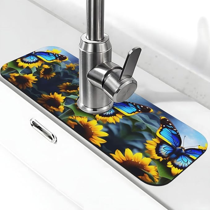 Sunflower Blue Butterfly Printed Faucet Absorbent mat, Suitable for bathrooms, Kitchens, and Other Sink Areas.