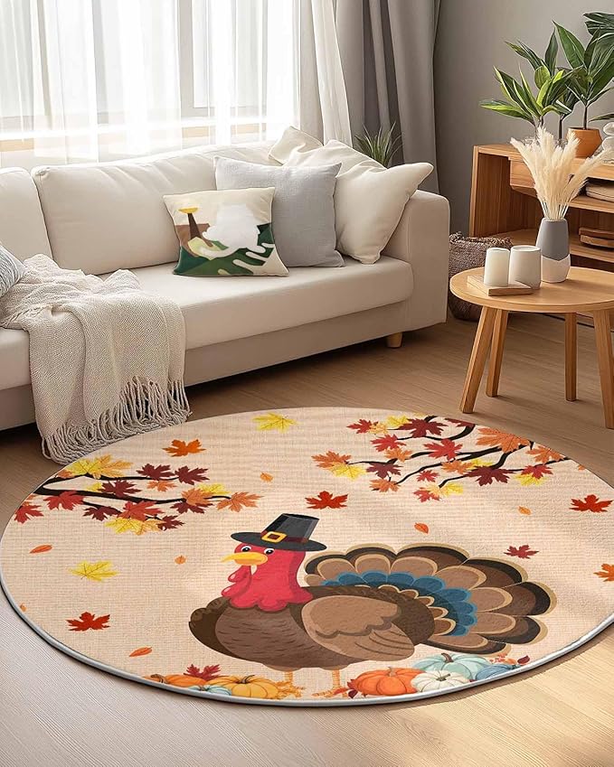 Round Area Rug,Turkey Orange Fallen Leaves Thanksgiving Pumpkin Circle Living Room Rug Non-Slip Rugs Indoor Carpet,Vintage Linen Soft Comfort Rugs for Bedroom KidsRoom Nursery