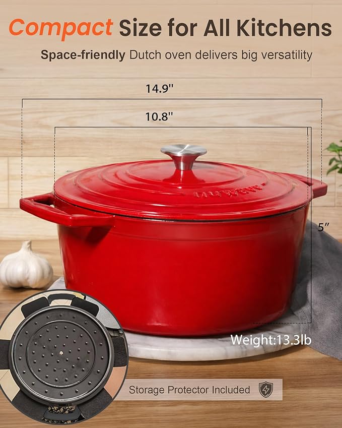 Nuwave 6QT Healthy Enameled Cast Iron Dutch Oven Pot with Lid, Heavy Duty 7-Layer Enamel, Enhanced Rust Protection, Dual Handles, Oven Safe to 500°F for Sourdough Bread Baking, Braise, Stew, Roast