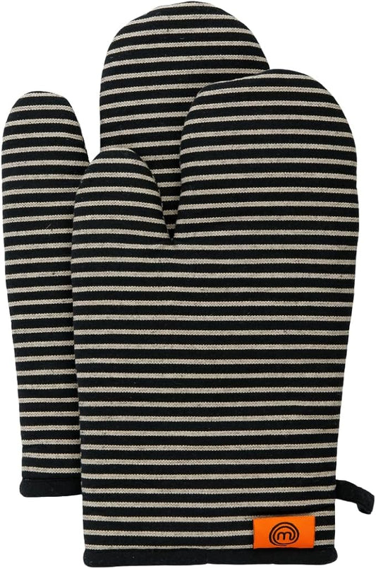 MasterChef Oven Mitts Heat Resistant, Set of 2 Baking Gloves, Machine Washable Cotton Kitchen Mittens for Stove Cooking & BBQ Grilling, Hot Proof Pot Holders, One Size Fits All, Elite Black