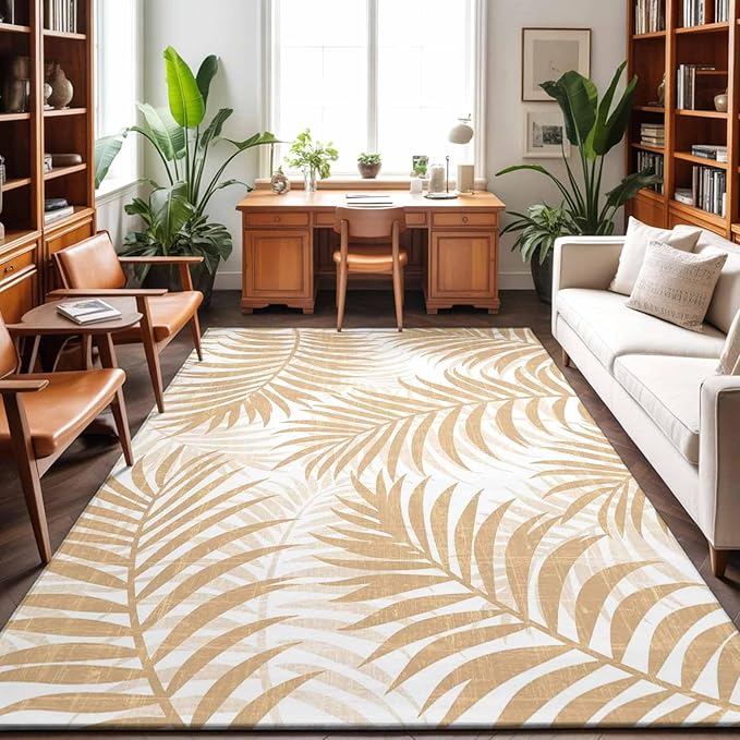 Area Rug 4x6ft, Summer Boho Palms Leaves Washable Rugs for Living Room Bedroom, Vintage Tropical Plants Soft Non-Slip Area Rugs Rectangle Floor Carpet for Dining Room