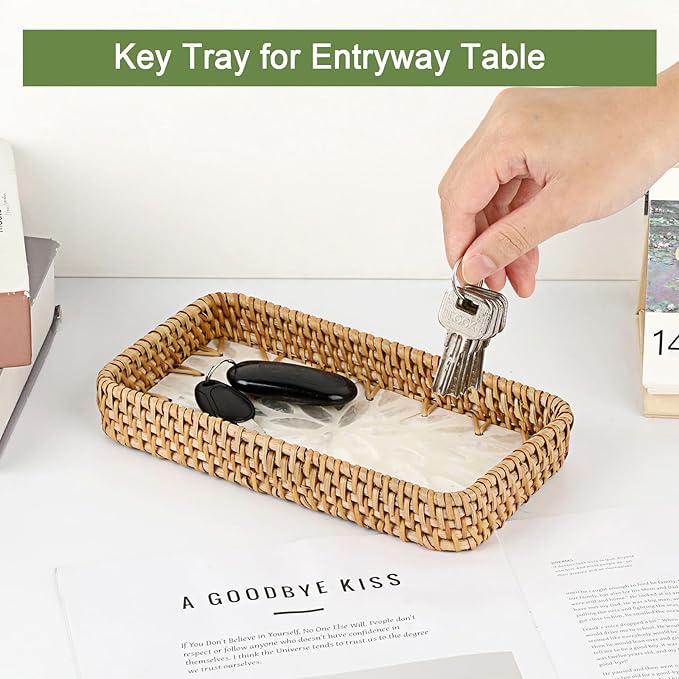 Decorative Key Basket for Entryway Small Handwoven Rattan Tray Rectangular Key Holder Tray Wicker Basket Organizer for Keys Remote Control Jewelry, White