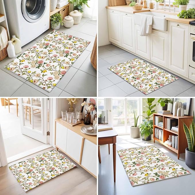 Area Rug 2x3ft, Country Blossom Flower Plant Washable Rugs for Living Room Bedroom, Summer Lemon Leaf Seamless Soft Non-Slip Area Rugs Rectangle Floor Carpet for Dining Room