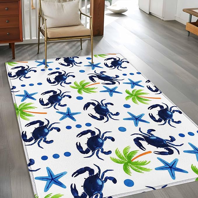 Area Rug 3x5ft, Abstract Blue Crab Starfish Washable Rugs for Living Room Bedroom, Watercolor Palm Tree Soft Non-Slip Area Rugs Rectangle Floor Carpet for Dining Room