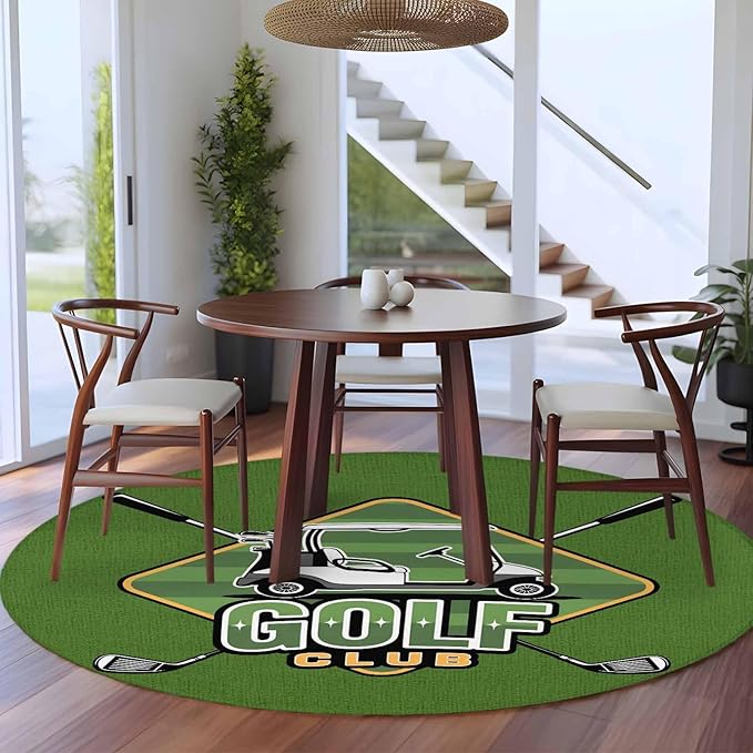 Washable Round Area Rug Golf Club Sports Circle Rugs Floor Carpet for Living Room Bedroom, Green Soft Non Slip Round Rug 5ft