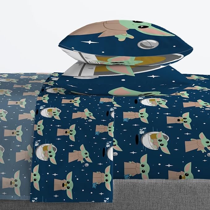 Jay Franco Kids Sheet Set with Fitted, Flat Sheets & Pillow Cover - Ultra-Soft Bedding with Pillowcase for Room Decor, Blue - Mandalorian, 4 Piece Queen