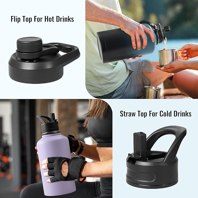Fijinhom Gallon Water Bottle with 2 Lids (Straw & Spout), 304 Stainless Steel Water Jug with Handle and Wide Mouth, 1 Gallon Vacuum Double Walled Jug for Sports, Outdoors, Purple, 128 oz