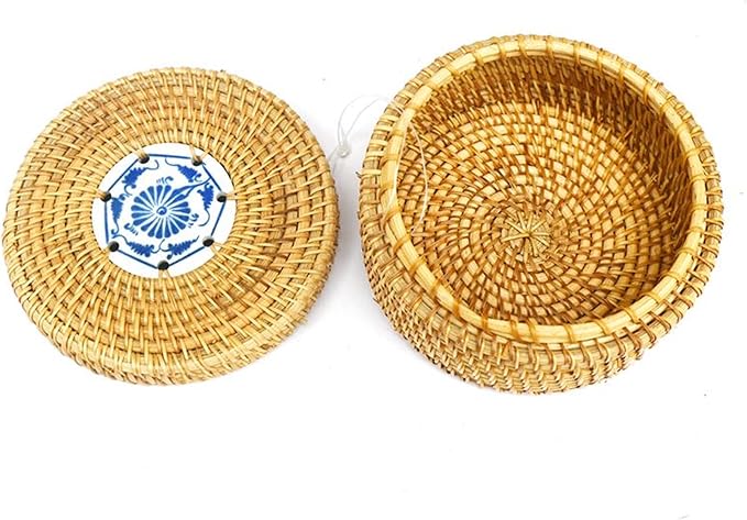 Rattan Box with Lid: Blue-and-White Porcelain Decorative Rattan Storage Box, Hand-Woven Wicker Storage Basket with Lid, for Sundries Tea Case Picnic Food Containers (Round 2, 5.51in*5.51in*2.95in)