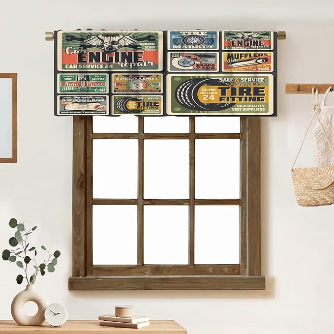 Cars Repair Service Valance Curtain Vintage Car Spare Parts, Auto Repair Service and Mechanic Garage Curtains Valances for Kitchen Living Room Bathroom Decor with Rod Pocket, One Panel 54X18 Inches