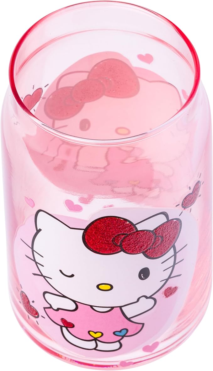 Silver Buffalo Sanrio Hello Kitty and Friends Glitter 2 Pack Glass Tumbler with Bamboo Lid and Glass Straw Set Featuring Hello Kitty and Dear Daniel, 16 Ounces