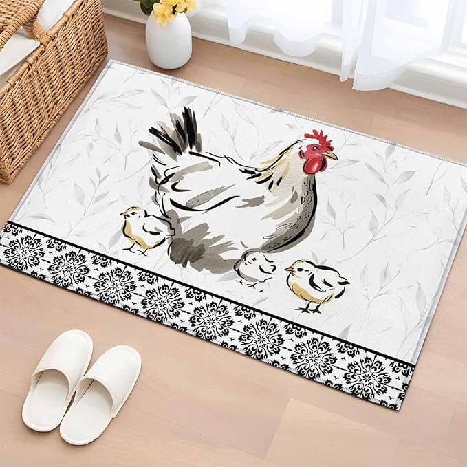 Area Rug 2x3ft, Country Farmhouse Rooster Washable Rugs for Living Room Bedroom, Watercolor Animal Flower Pattern Soft Non-Slip Area Rugs Rectangle Floor Carpet for Dining Room