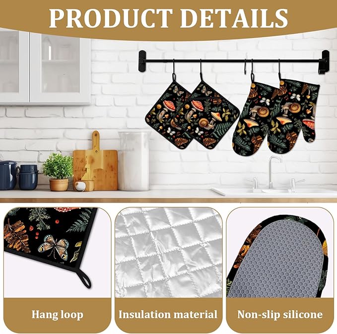 Black Mushroom Snail Oven Mitts and Pot Holders Sets 4Pcs Cute Plants Silicone Kitchen Gloves Heat Resistant Potholders for Baking Cooking Grilling BBQ