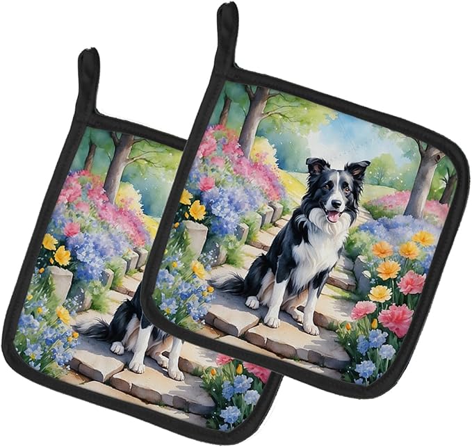 Caroline's Treasures Border Collie Spring Path Pair of Pot Holders Kitchen Heat Resistant Pot Holders Sets Oven Hot Pads for Cooking Baking BBQ, 7 1/2 x 7 1/2