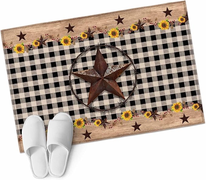 Area Rug 2x3ft, Western Star Farm Sunflower Washable Rugs for Living Room Bedroom, Vintage Wood Grain Black Buffalo Plaid Soft Non-Slip Area Rugs Rectangle Floor Carpet for Dining Room