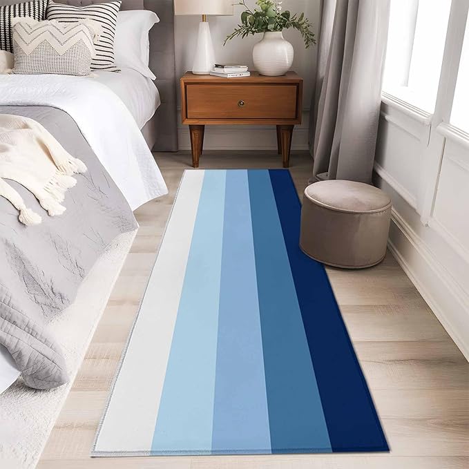Runner Rug for Bedroom Hallway, Minimalist Blue White Ombre Stripe Kitchen Runner Rugs Area Rug 2x6ft, Modern Gradient Art Washable Soft Floor Carpet for Entryway Stair