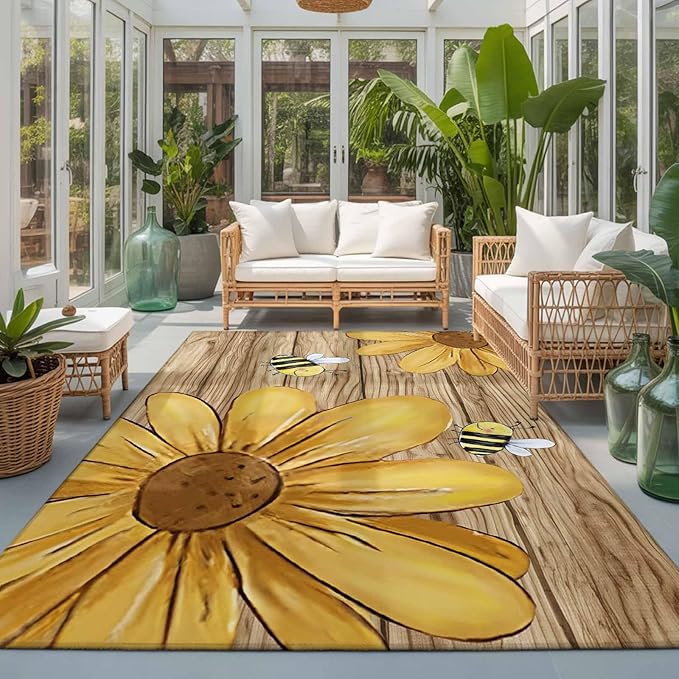 Area Rug 3x5ft, Summer Yellow Bee Blossom Flower Washable Rugs for Living Room Bedroom, Retro Rustic Brown Wood Board Soft Non-Slip Area Rugs Rectangle Floor Carpet for Dining Room