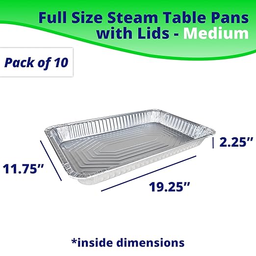 IDL Packaging Full Size Aluminum Steam Table Pans with Lids - Medium, 21" x 13" x 2.25" (pack of 10) - Disposable Foil Pan for Grilling, Roasting, BBQ, Cooking, Baking, Freezing