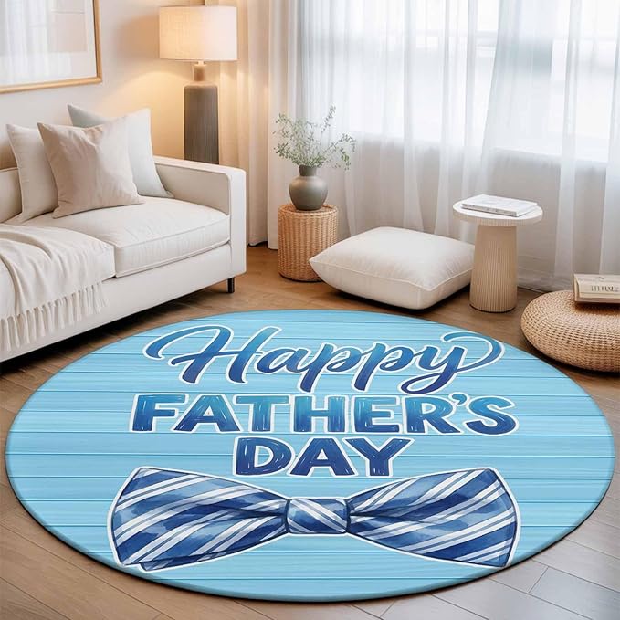 Washable Round Area Rug Father's Day Vintage Plank Circle Rugs Floor Carpet for Living Room Bedroom, Cartoon Blue Stripes Bow Soft Non Slip Round Rug 5ft