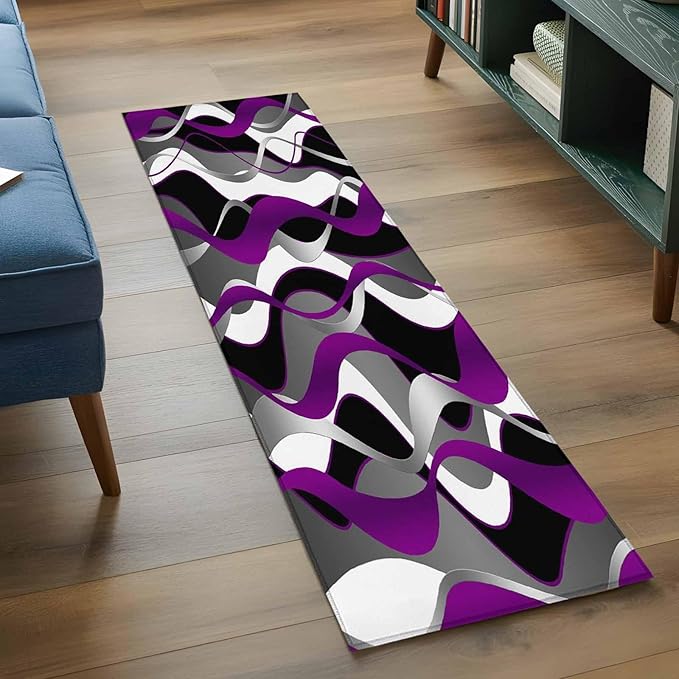 Runner Rug for Bedroom Hallway, Abstract Purple Gray Black White Stripes Kitchen Runner Rugs Area Rug 2x6ft, Modern Lines Washable Soft Floor Carpet for Entryway Stair