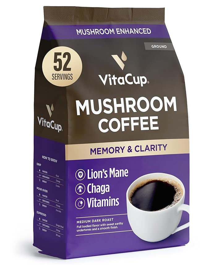 VitaCup Mushroom Coffee Grounds, with Lions Mane, Chaga, B Vitamins, D3, Boost Focus, Immunity, Memory & Clarity, Medium Dark Roast, 100% Arabica Specialty, 20oz, 52 Servings