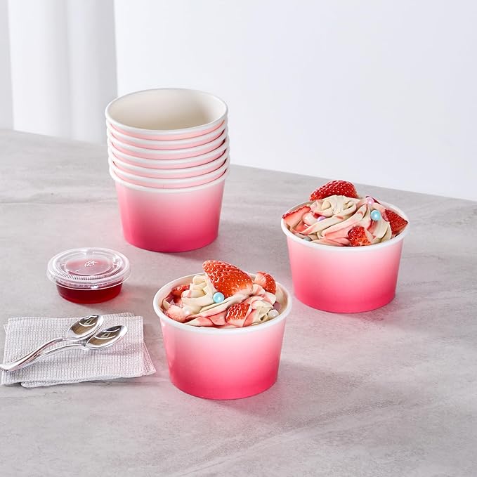 Restaurantware Paper Cups 200 Count 8 Ounce Square Disposable Ice Cream Containers, Leak-Resistant Paper Dessert To Go Cups, Hot And Cold Food, Durable Pink And White Ombre Design