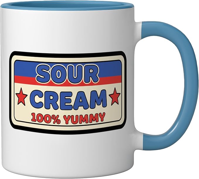 Sour Cream 100% Yummy Retro Food Label Vintage Snack Ceramic Mug, Blue/White