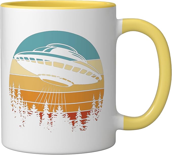 Alien UFO Flying Saucer Abduction Retro Ceramic Mug, Yellow/White