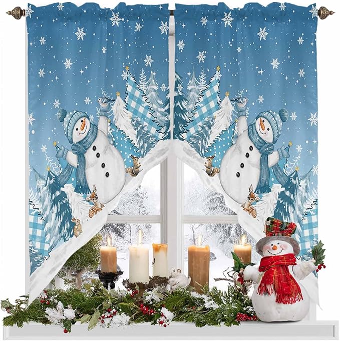 Christmas Snowman Swag Valance Curains Winter Xmas Tree Snowflakes Gradient Blue Rod Pocket Kitchen Curtains Scalloped Window Treatment Valances Swag for Living Room Bedroom, 1 Pair, 36"W x 45"L
