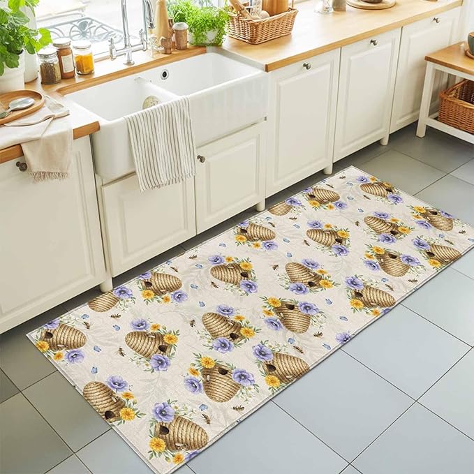 Runner Rug for Bedroom Hallway, Garden Beehives Honeybees Kitchen Runner Rugs Area Rug 2x6ft, Country Purple Floral Washable Soft Floor Carpet for Entryway Stair