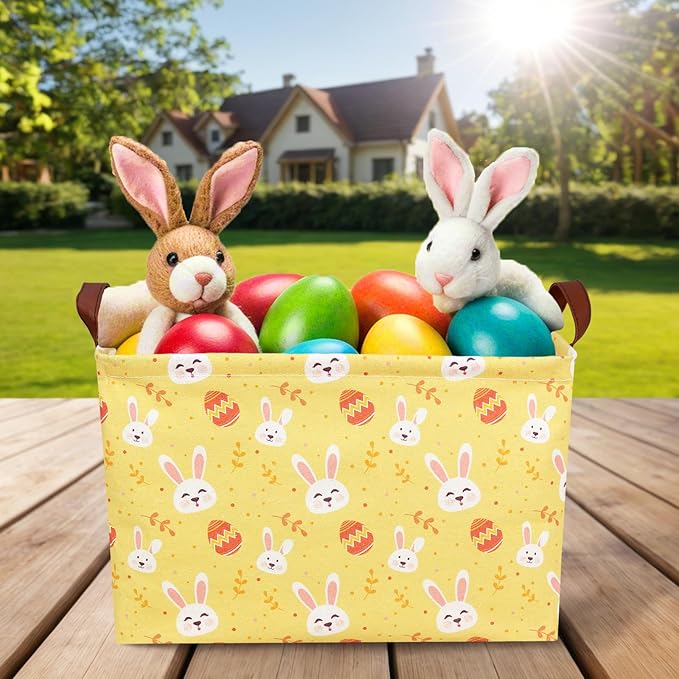 Large Rectangular Cute Kid Easter Basket Empty Bunny Eggs Easter Basket Gift Spring Room Storage Organizer Décor (Rabbit Egg Yellow Background)
