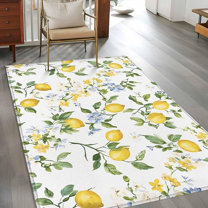 Area Rug 4x6ft, Summer Watercolor Lemon Flower Washable Rugs for Living Room Bedroom, Spring Farm Fruit Green Leaf Soft Non-Slip Area Rugs Rectangle Floor Carpet for Dining Room