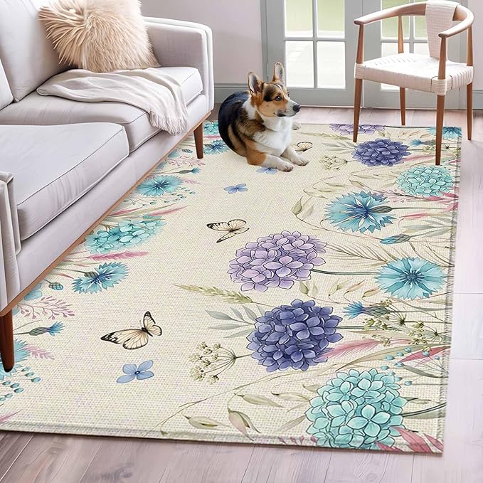 Area Rug 4x6ft, Farm Blossom Floral Hydrangea Washable Rugs for Living Room Bedroom, Watercolor Butterfly on Linen Soft Non-Slip Area Rugs Rectangle Floor Carpet for Dining Room