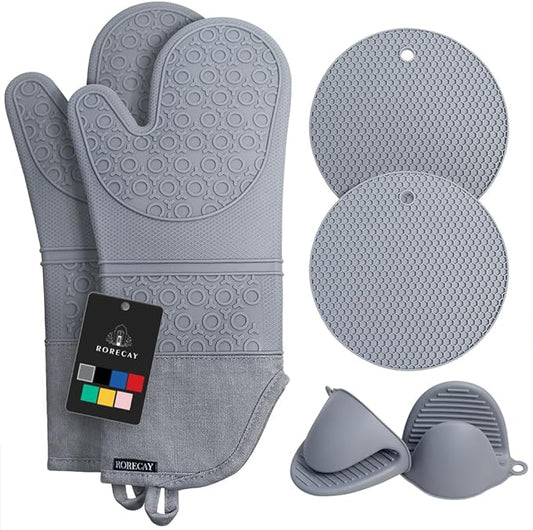 Rorecay 6pcs Oven Mitts and Pot Holders Sets for Kitchen, Extra Long Silicone Oven Gloves High Heat Resistant 500 Degrees Non-Slip Potholders Hot Pads for Baking Cooking, Grey