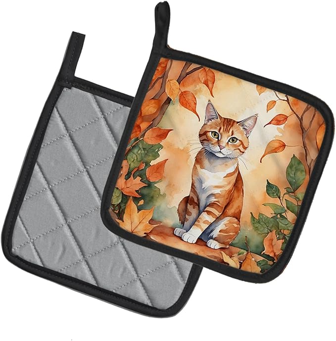 Caroline's Treasures Suphalak Cat in Fall Leaves Pair of Pot Holders Kitchen Heat Resistant Pot Holders Sets Oven Hot Pads for Cooking Baking BBQ, 7 1/2 x 7 1/2