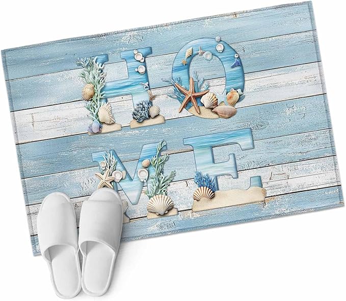 Area Rug 2x3ft, Summer Ocean Beach Shell Home Quote Washable Rugs for Living Room Bedroom, Farm Blue Wood Board Soft Non-Slip Area Rugs Rectangle Floor Carpet for Dining Room